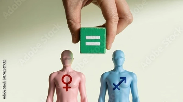 Fototapeta Equality concept showing a hand placing an equal sign above male and female figures, symbolizing gender equality and equal rights