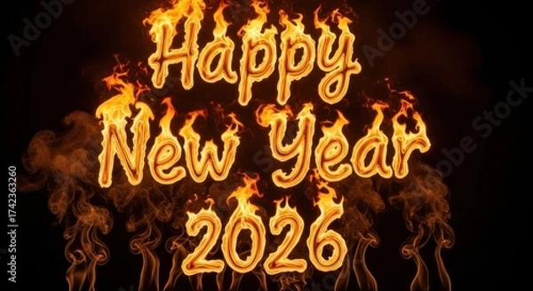 Fototapeta Fiery happy new year 2026 wishes with burning text effect on black background