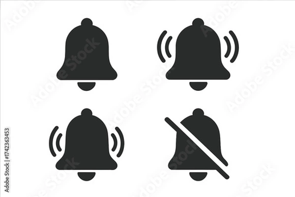 Obraz Notification bell icon vector set. Ringing, new message, and silent mode symbols. Subscribe, alert, reminder, and alarm buttons for UI and UX web design. Black glyph pictogram.