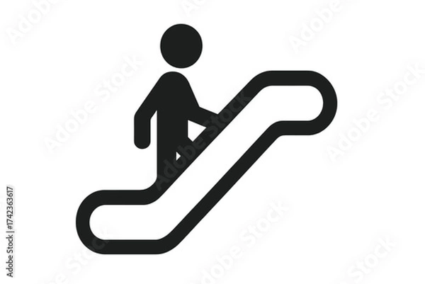 Obraz Escalator down icon. Person descending on a moving staircase. Public transport symbol for mall, airport or subway. Man on escalator pictogram. Simple black silhouette vector.