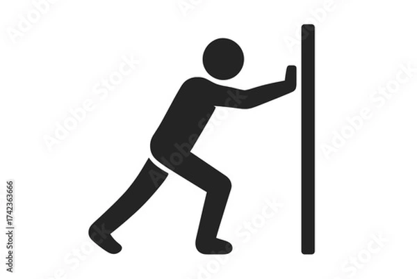Obraz Man pushing wall icon. Person stretching body silhouette. Exertion and resistance metaphor. Force, effort, and determination concept. Sport, exercise, and workout symbol.