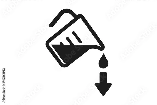 Obraz Pouring icon from measuring cup with download arrow. Vector symbol for dosage, recipe, or chemistry. Add ingredient concept. Liquid drop from beaker. Flat design pictogram.