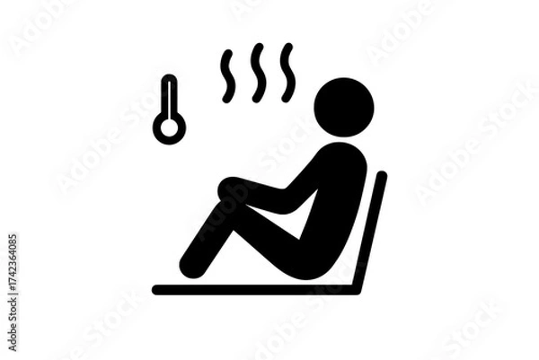 Obraz Sauna icon vector symbol. Person sitting in hot steam room for relaxation, health and wellness. Stick figure pictogram of a man enjoying heat therapy in a spa or bathhouse.