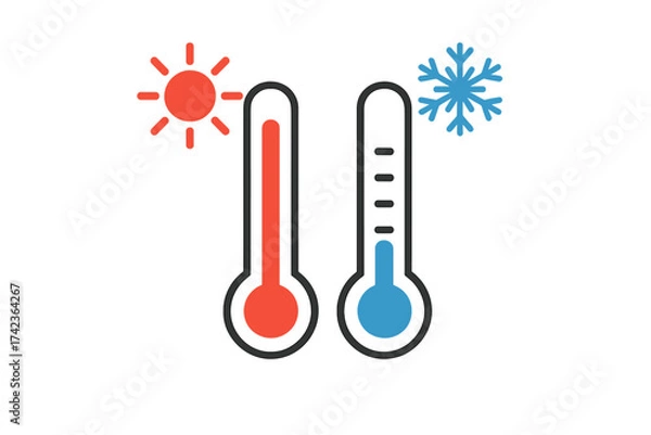 Obraz Thermometer icon vector set showing hot and cold temperature. Weather symbol with sun and snowflake. Climate measurement illustration for heat and freeze. Flat design.