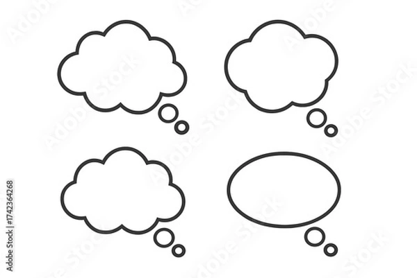 Obraz Thought bubble and speech bubble vector icon set. Thinking cloud illustration collection for comics, dialogue, and communication. Flat design for chat, message, idea, dream.