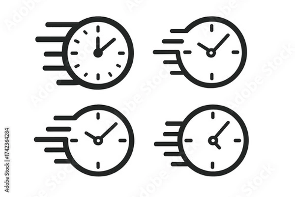 Obraz Fast time vector icon set. Clock symbol of speed, rush, and urgency. Quick delivery or deadline concept. Simple pictogram for UI. Chronometer, watch, timer graphic element.