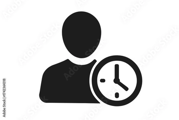 Obraz Time management icon with person and clock. User work duration, history, and schedule symbol. Metaphor for waiting, pending status, working hours, deadline, or employee time tracking.