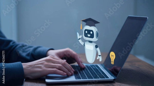 Obraz A person uses a laptop with a robot wearing a graduation cap, representing ai in education, online learning, and automated assistance