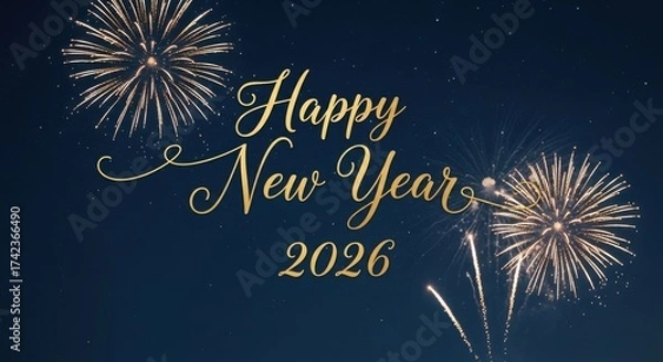Fototapeta Happy new year 2026 with fireworks on dark blue background, festive celebration