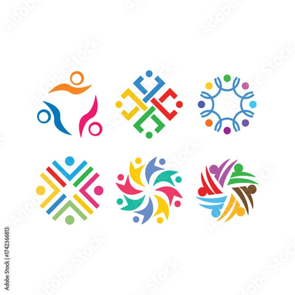 Fototapeta Collection of six diverse abstract geometric logos featuring colorful human figures and community symbols