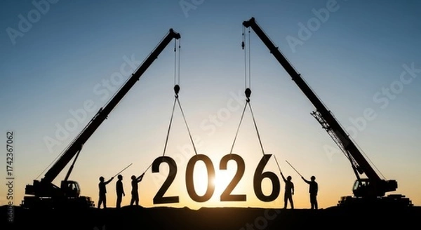 Fototapeta Silhouette of construction worker team lifting 2026 letters with crane at sunset