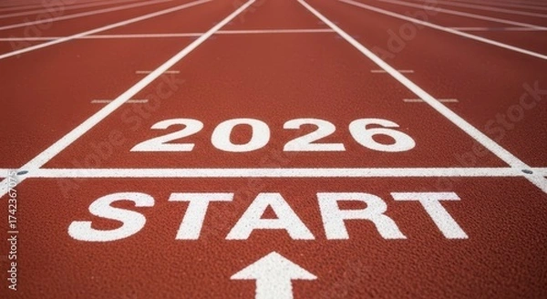 Fototapeta Start line on running track with 2026 year, concept for new year and planning