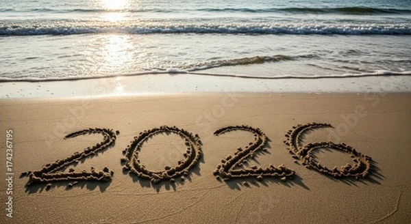 Fototapeta The year 2026 written in sand on a beach with ocean waves in the background