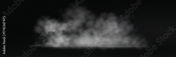 Fototapeta White smoke cloud with overlay effect on dark background. Realistic fog texture spreading across the floor. Atmospheric illustration of misty vapor or haze with dramatic lighting.