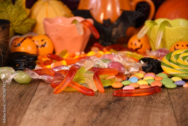 Fototapeta Halloween candies on wooden background stock photo images. Halloween gummy worms candy on a wooden table stock photo images. Template for background, banner, card
