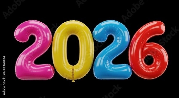 Fototapeta Colorful 2026 number balloon isolated on black background for new year concept