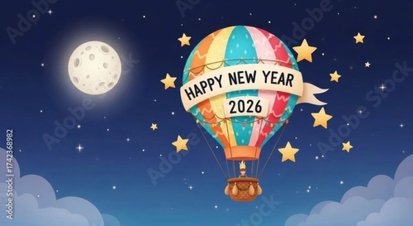 Fototapeta Happy new year 2026 banner on colorful hot air balloon with moon and stars