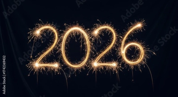 Fototapeta The year 2026 written with sparklers on a dark background, representing the future