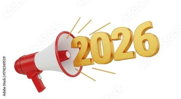Fototapeta Announcement of the year 2026 with a megaphone isolated on white background