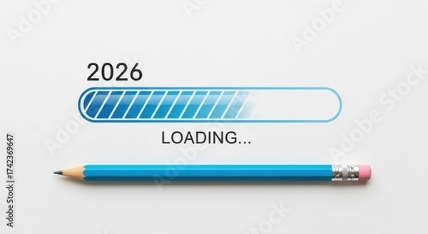 Fototapeta Loading bar 2026 with pencil isolated on white background for new year