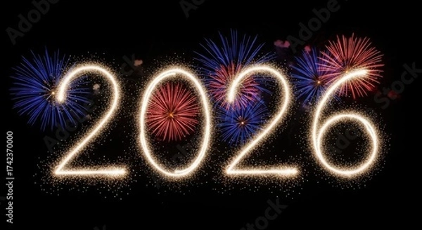 Fototapeta Sparkling 2026 numbers with fireworks on black background, celebrating the new year