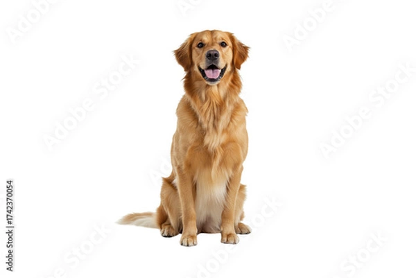 Fototapeta A realistic golden retriever sitting upright, head slightly tilted with a friendly expression, detailed fur texture, bright eyes, full-body shot, white seamless background, studio lighting, no shadows