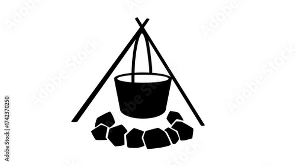 Fototapeta Simple illustration of a camping pot over a campfire with a teepee structure