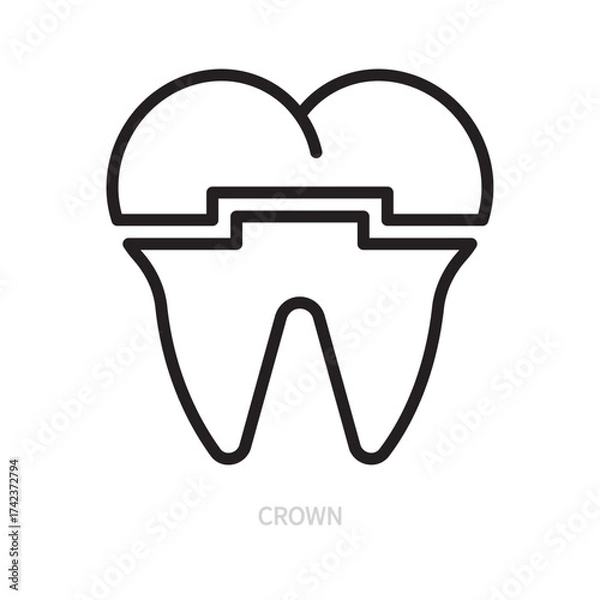 Fototapeta Crown tooth line icon. Dental symbol. Dentistry, stomatology, medicine, hygiene concept. Isolated on a white background. Editable stroke. Flat design. Vector illustration.