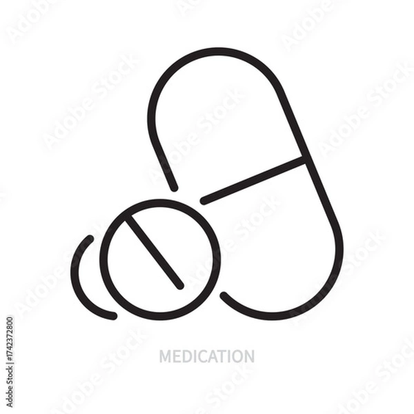 Fototapeta Medication line icon. Medical symbol. Tablet, pills sign. Healthcare concept. Isolated on a white background. Editable stroke. Flat design. Vector illustration.