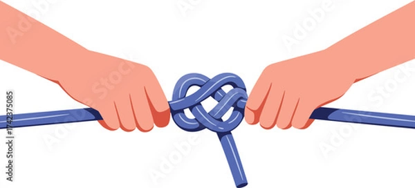 Fototapeta Hands tying blue rope in knot illustrating teamwork and cooperation concept vector illustration 