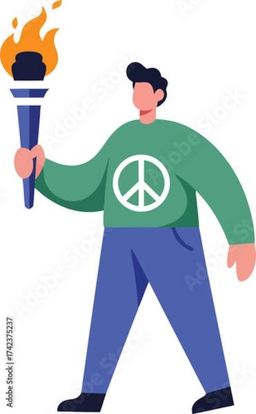 Fototapeta Person holding flaming torch with peace symbol on green sweater standing vector illustration 