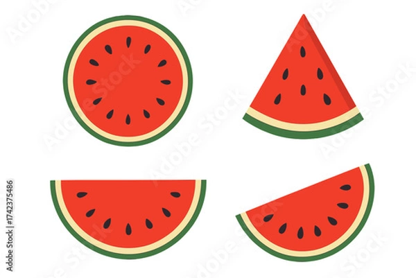 Fototapeta Watermelon tropical fruit vector set, sliced watermelon icons, isolated fresh juicy watermelon slices, summer fruit illustration with seeds, bright red and green tropical food