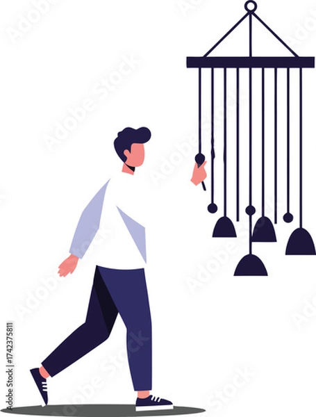 Fototapeta Man walking near hanging wind chime with bells and clappers vector illustration 