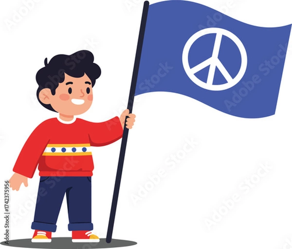 Fototapeta Boy holding blue peace flag symbolizing harmony and unity vector illustration in flat style 