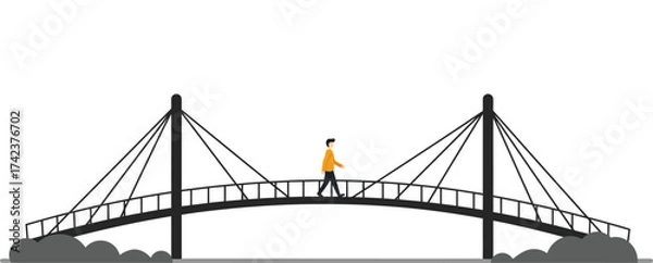 Fototapeta Pedestrian walking on suspension bridge vector illustration with grey black structure and orange jacket 