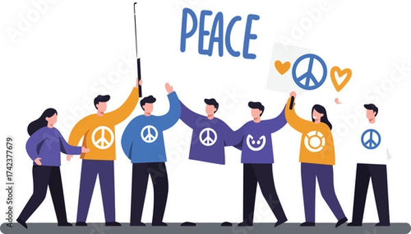 Fototapeta Group of diverse people holding peace symbols and banners promoting harmony and unity in a vector illustration 