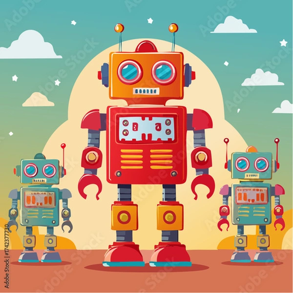 Fototapeta retro robots are standing side by side, vector cartoon illustration