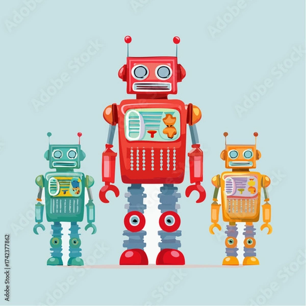 Fototapeta retro robots are standing side by side, vector cartoon illustration