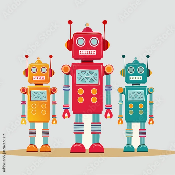 Fototapeta retro robots are standing side by side, vector cartoon illustration