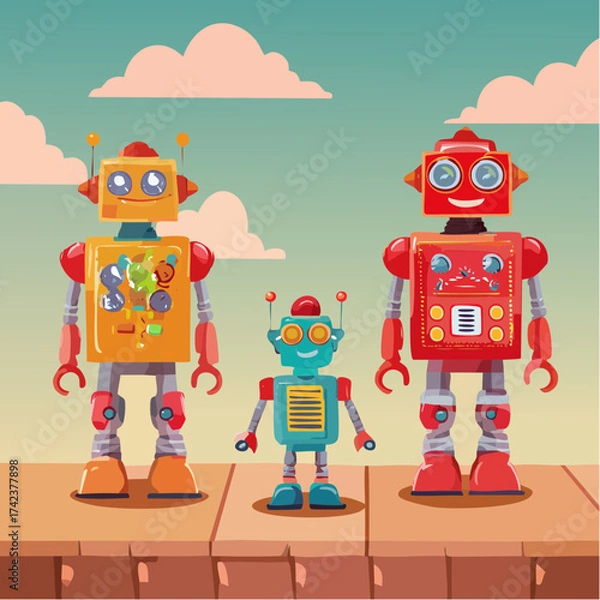 Fototapeta retro robots are standing side by side, vector cartoon illustration