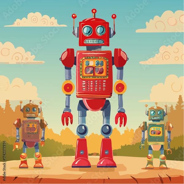 Fototapeta retro robots are standing side by side, vector cartoon illustration