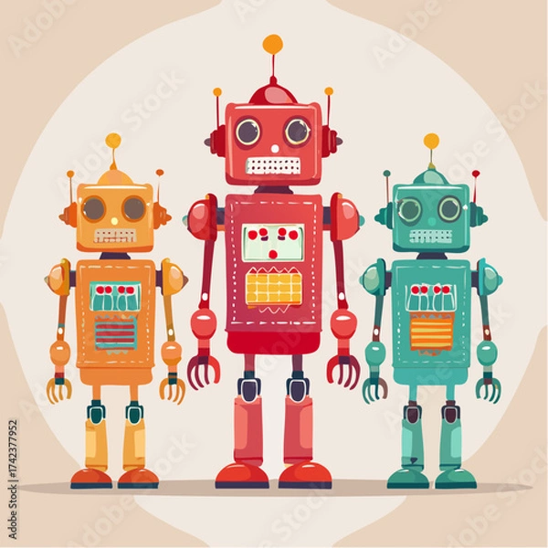 Fototapeta retro robots are standing side by side, vector cartoon illustration