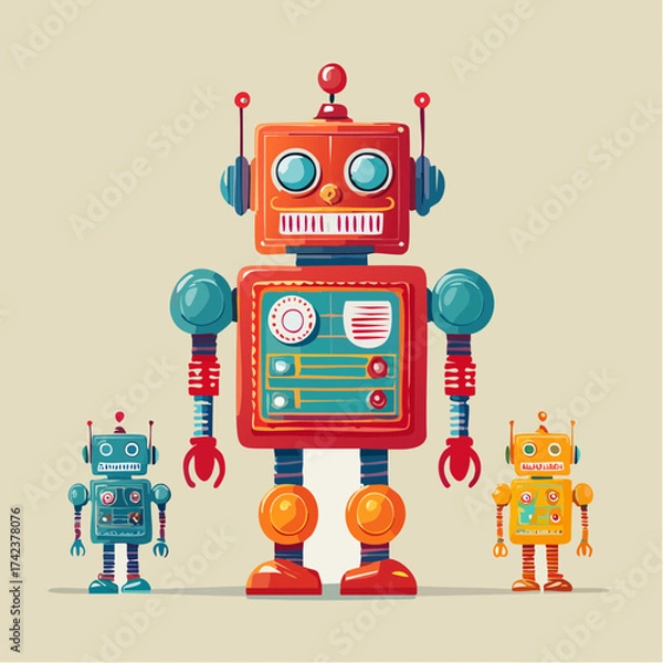 Fototapeta retro robots are standing side by side, vector cartoon illustration