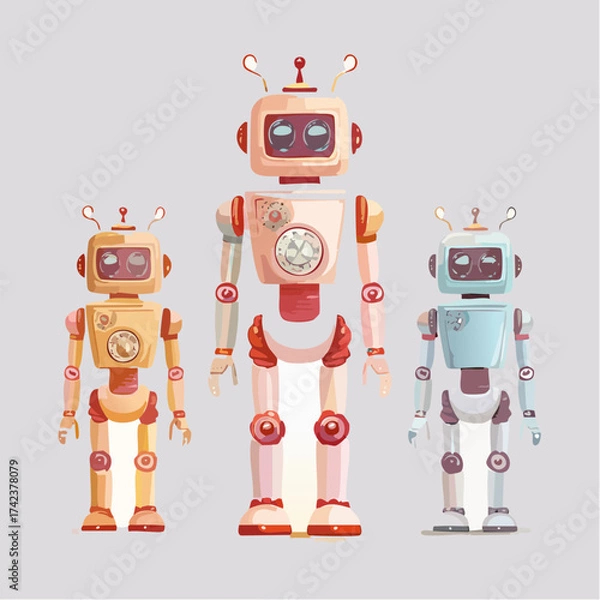 Fototapeta retro robots are standing side by side, vector cartoon illustration