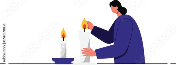 Fototapeta Person lighting white candles with blue candle holder in simple minimal style vector illustration 