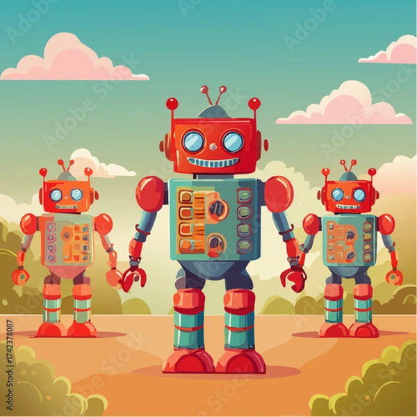 Fototapeta retro robots are standing side by side, vector cartoon illustration