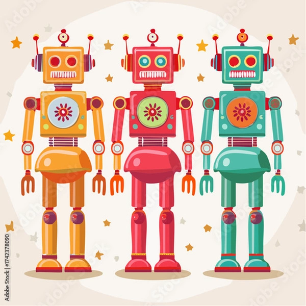 Fototapeta retro robots are standing side by side, vector cartoon illustration
