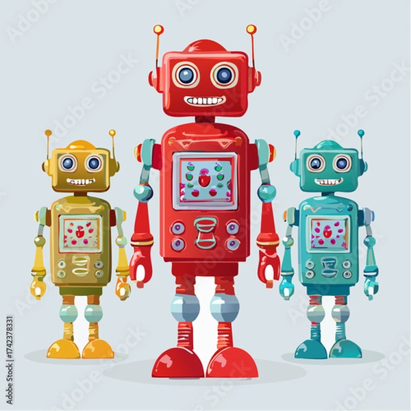 Fototapeta retro robots are standing side by side, vector cartoon illustration