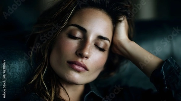 Fototapeta A woman with closed eyes rests her head appearing serene and relaxed in soft natural light