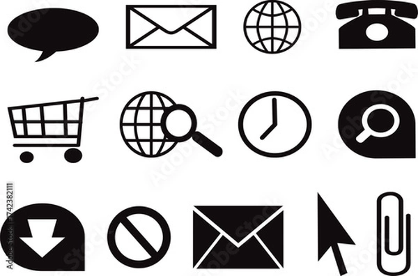 Fototapeta Set of simple black and white icons flat vector glyphs for web design user interface and general use